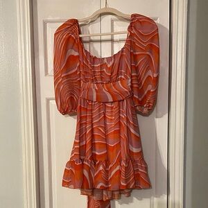 Lucy in the Sky Orange Pink White Swirl mini Dress